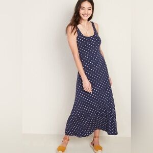 Old Navy polka dot navy long dress, size XS, scoop neck, sleeveless, stretchy